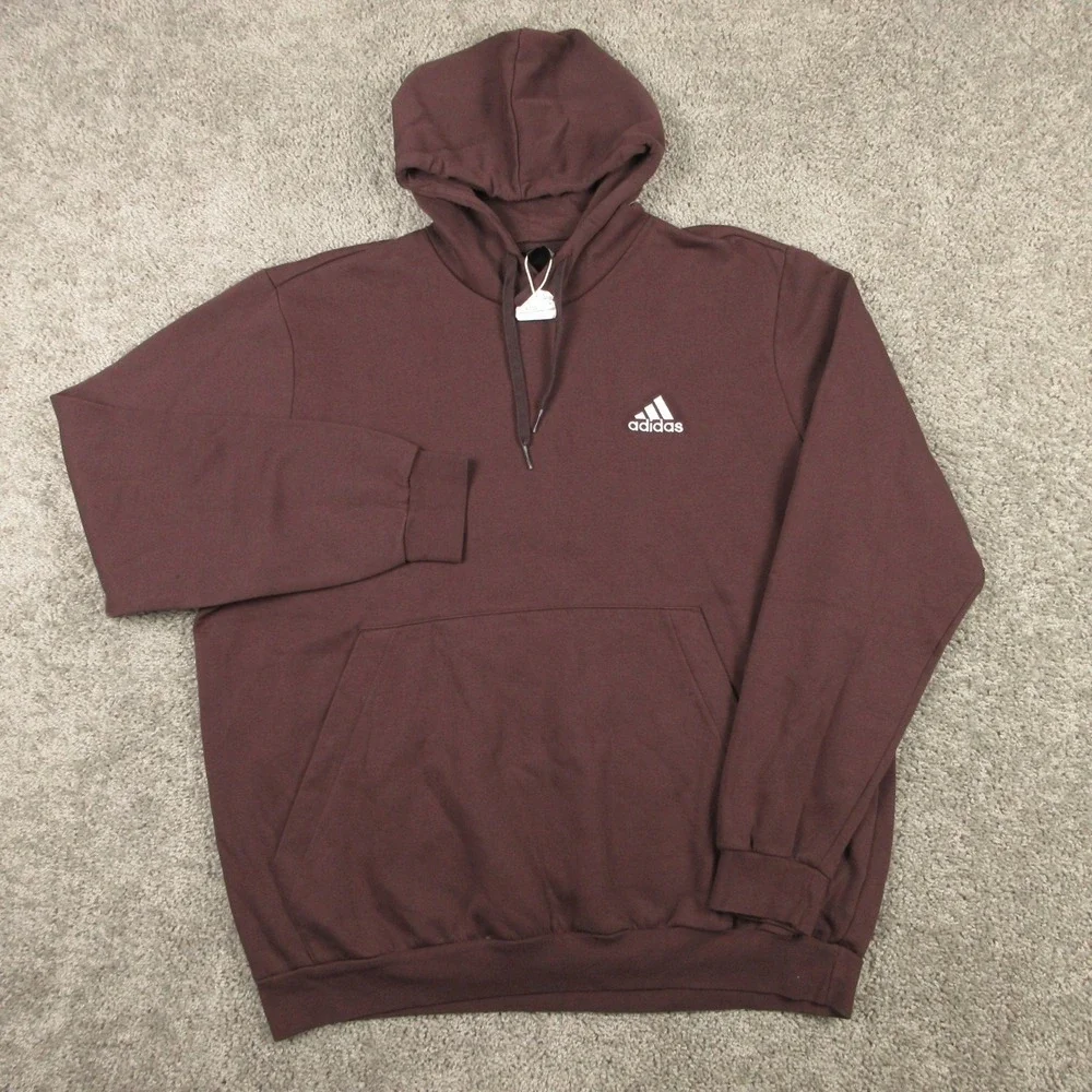 Adidas Sweater Mens 2XL Brown Maroon Fleece Logo Pullover Hoodie Sweatshirt